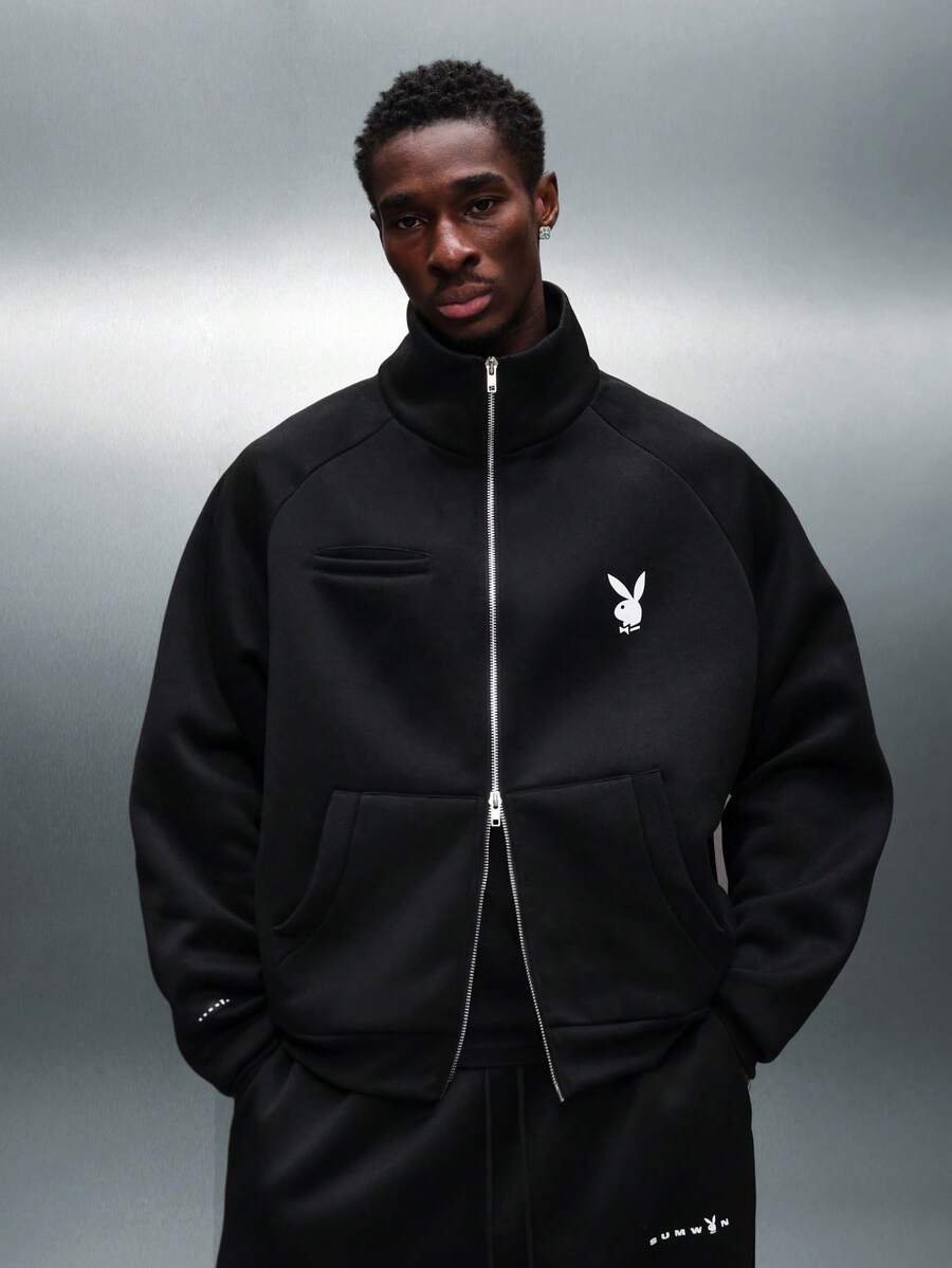 PLAYBOY X SUMWON Boxy Fit Heavy Weight Full Zip Hoodie With Front Centre Pockets High Neck Collar Ribbed Hem And Cuffs Winter Sweatshirt With Logo - Black - View 1