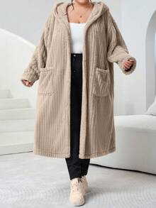 SHEIN CURVE+ Plus Size Women's Plus Size Hooded Long Sleeved Jacket, Suede Jacket, Suitable For Autumn And Winter - Khaki - View 8