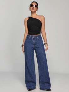 SHEIN PETITE Women's Asymmetric Waist Pocket Wide Leg Loose Casual Denim Pants ,Petite Women - Dark Wash - View 6