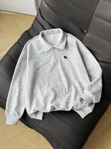 SHEIN 少女休闲街头简约基础款金属拉链开衩骑马印花套头卫衣，灰色，适合秋冬季女童穿着 - 淺灰色 - 查看 5