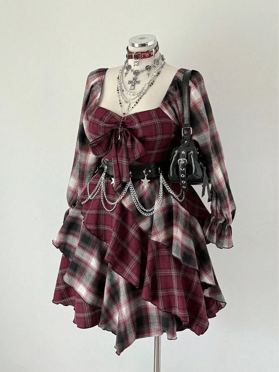 Sunspun Plaid Patchwork Bow Tie Waist Minimalist Long Sleeve Dress - Burgundy - View 1