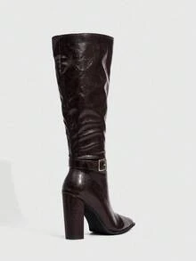Daringsoles 女士时尚尖头带扣设计侧拉链高跟中筒靴 - 咖啡棕 - 查看 6