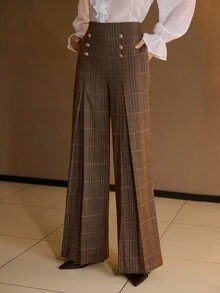 MOTF PREMIUM 格纹印花金色纽扣细节褶皱阔腿西装裤 - 棕色 - 查看 5