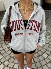 1 st tonårsflicka, avslappnad minimalistisk sweatshirtjacka med bokstavstryck och fickor, enkel streetwear-stil, oumbärlig för höst/vinter - Grå - Visa 4