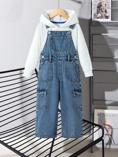 2025 秋冬新款男童深蓝色多口袋牛仔工装裤，时尚宽松直筒连体裤，舒适柔软面料，适合休闲、学校、派对、度假牛仔工装裤，适合 4 岁男童