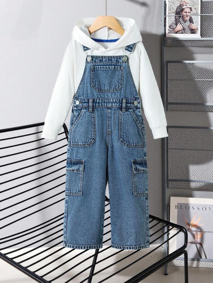 2025 秋冬新款男童深蓝色多口袋牛仔工装裤,时尚宽松直筒连体裤,舒适柔软面料,适合休闲、学校、派对、度假牛仔工装裤,适合 4 岁男童 - 深色水洗藍 - 查看 1