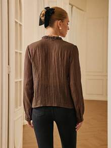 Chiquease Lightweight Ruffle Trim V-Neck Loose Blouse For Women - Coffee Brown - View 2