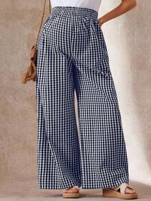 Boho Mama 孕妇格子印花口袋松紧腰休闲阔腿裤 - 藏蓝色 - 查看 4