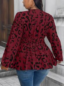 SHEIN Clasi Plus Size All-Over Print V-Neck Pleated Casual Long Sleeve Shirt Peplum Top - Multicolor - View 2