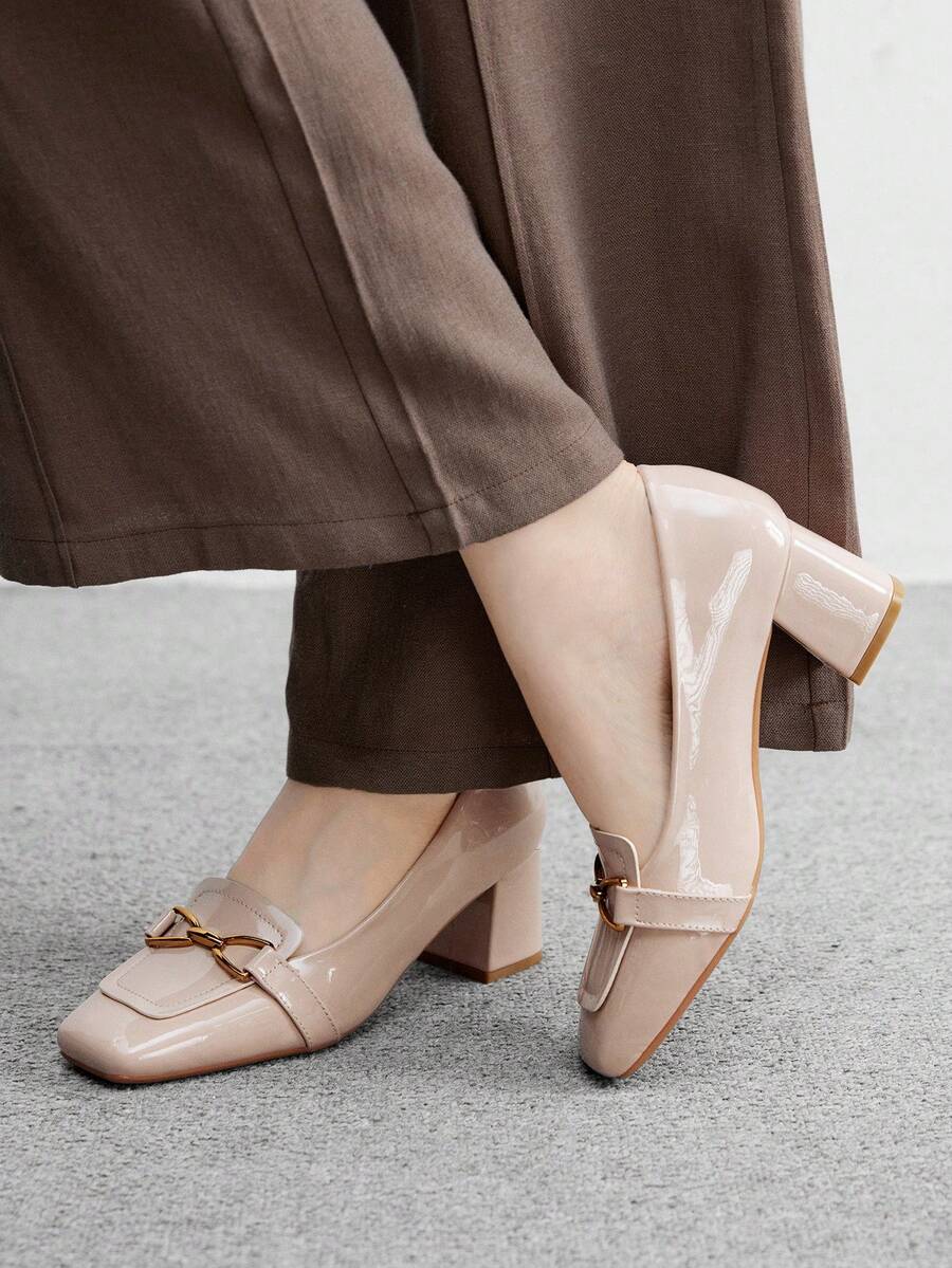 CUCCOO BIZCHIC Apricot Metallic Buckle Thick Heel Square Toe Women's High Heels, Suitable For Commuting, Dating, Party, Holiday, Office Wear - Apricot - View 1