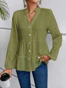 SHEIN LUNE Notched Neckline Lantern Sleeve Ruffle Hem Smock Blouse Peplum Top - Green - View 5