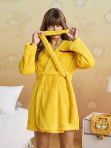 GARFIELD | SHEIN 女式可爱卡通猫刺绣落肩羊毛腰带长袍，秋冬 - 黃色 - 查看 6