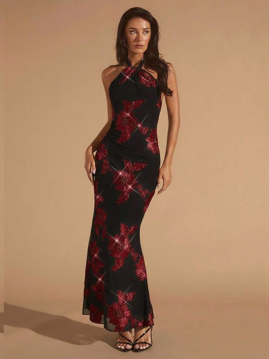 Glamine 优雅的露背修身纹理连衣裙,适合女性,美观且百搭 - 紅色和黑色 - 查看 1
