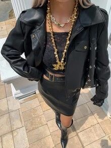 DAZY Women's Solid Color PU Leather Zip Front Jacket And Mini Skirt Casual 2 Pieces Set, Autumn