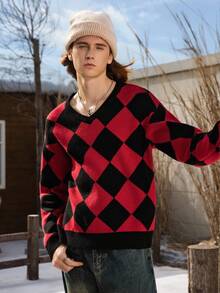 Manfinity Hypemode 男士休闲菱形图案V领长袖毛衣，秋冬 - 彩色 - 查看 5