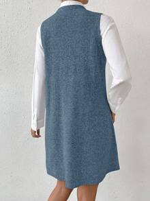 SHEIN LUNE 秋冬纯色无袖针织休闲连衣裙 - 霧霾藍 - 查看 2