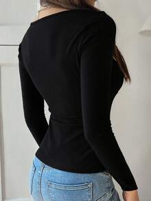 INAWLY Plus Size Women Hollow Out Metal Decor Front Long Sleeve Fitted T-Shirt - Black - View 2