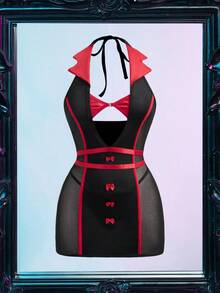 2 buc lenjerie intimă uniformă de birou/însoțitoare de zbor, în culori contrastante, negru și roșu, potrivită pentru Ziua Îndrăgostiților, Halloween, jocuri de rol, Crăciun