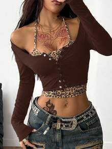 Coolane 女士基本款系带吊带背心短款假两件 T 恤