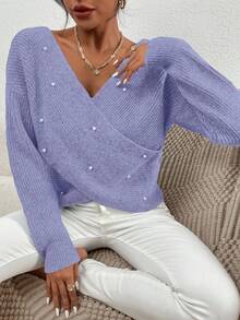 Cloudara Cross-Front V-Neck Drop Shoulder Pearl Detail Sweater - Purple - View 4