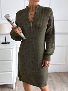EURMUSE Women Plain Knit Design Knit Dress With Zipper Detail - Army Green - View 6