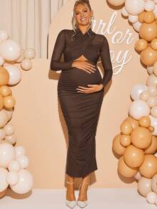 Loomaby Elegantes, einfarbiges, ausgehöhltes, gerüschtes, tailliertes Umstandskleid für die Party, Kleid zur Enthüllung des Geschlechts, Umstandskleid für Babyparty