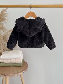 SHEIN Baby Girls' Autumn/Winter Solid Color Vertical Striped Cute Hooded Jacket, High-End Fashion Style, Made Of Soft And Comfortable Skin-Friendly Fabric, Solid Color Design With Simple And Elegant Plush 3D Ear, Warm And Easy To Match, Suitable For Outdoor Play, Home Leisure, Sports And Parties, Loose Fit Design Without Restriction