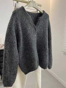 SHEIN French Vintage Oversized Knitted Cardigan Fall Winter Cloth For Women - Grey - View 4
