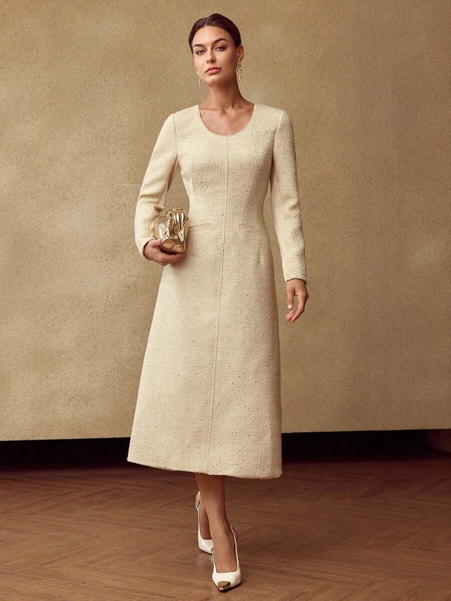 MOTF PREMIUM TWEED CONTRAST SEQUIN SLIM WAIST MIDI DRESS - Apricot - View 1