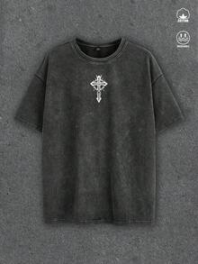Manfinity ZONE917 Men's Distressed Jesus Cross Print Graphic Black T-Shirt, Street Style