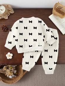 1 Set Young Girls Casual Cute Sweet Fashion Bow Print Crew Neck Sweatshirt And Sweatpants Suit, Autumn/Winter Outfits - Multicolor - View 2