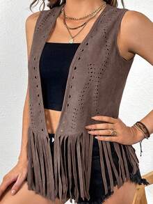 SHEIN VCAY Plus Size Women Western Style Hollow Design Fringe Hem Open Front Vest Jacket - Mocha Brown - View 5