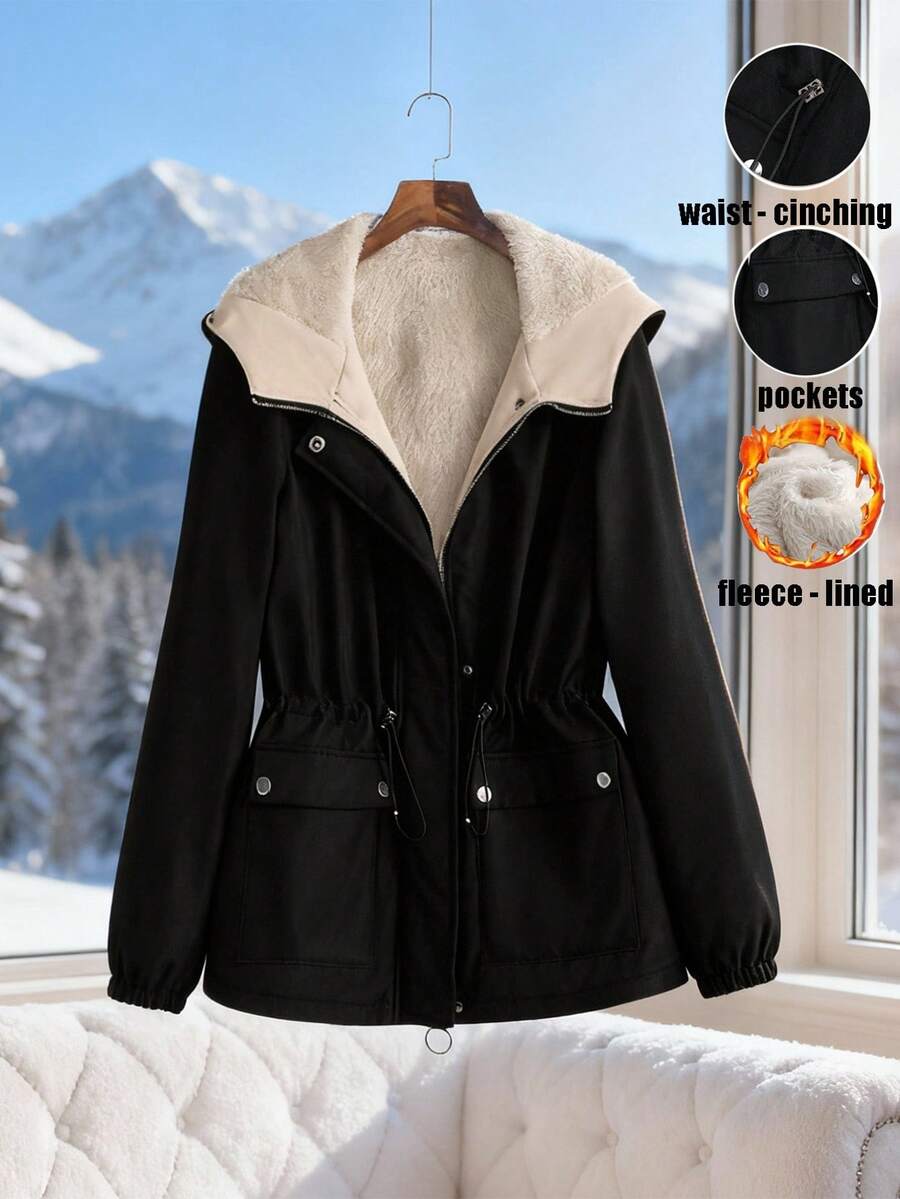GlowEve Áo khoác parka dài tay có mũ lót giữ nhiệt, thắt eo, có túi, phong cách Pháp thanh lịch, cổ điển, đa năng, thời trang công sở, mùa thu/đông, màu be, thích hợp mặc đi làm hàng ngày - màu đen - Xem 1