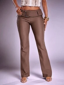 Denimoi 系带修身喇叭裤侧系带中腰裤 - 棕色 - 查看 10