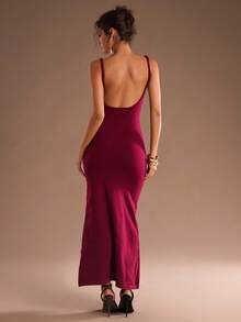 SHEIN Glamour Elegantes rotes rückenfreies Twist-Strickkleid für Herbst/Winter, Unterziehshirt zum Layering - Bordeaux - Übersicht 2