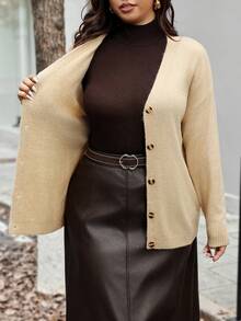 Vionelle Áo len cardigan dệt kim tay dài màu trơn cổ chữ V cỡ lớn cho nữ Áo len cardigan cài nút màu vàng Áo len cardigan nữ Áo len cardigan cổ chữ V Áo len cardigan màu vàng cho nữ Áo len màu vàng - Màu be - Xem 8