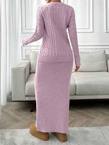 EURMUSE Cable Pattern Sweater And Straight Midi Skirt Set Elegant Simple - Baby Pink - View 2