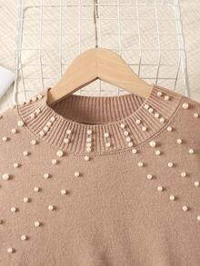 SHEIN Tween Girl Beaded Loose Long Sleeve Turtleneck Sweater & Ruffle Hem Elegant A-Line Skirt Set Autumn Winter Clothes For Women - Khaki - View 4