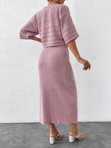 RueChic Thickened Cardigan And Skirt Set With Metal Buttons - Pink - View 2