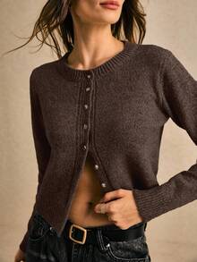 Poéselle Autumn And Winter Women's Khaki Round Neck Long Sleeve Single-Breasted Casual Short Wool Knit Thick Cardigan, Short Jumper, Cute Jumper, Fall Women Clothes, Going Out Tops, Business Casual Woman, Fall Sweaters, Office Attire, Basic Sweaters