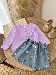 SHEIN Playful Pals 女婴时尚街头风格两件套，黄色花卉装饰长袖上衣和印花牛仔裙，适合日常穿着和旅行，春秋季 - 紫色 - 查看 3