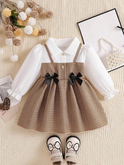 Souflis Souflis Baby Girls' Collared Puff Sleeve 2 In 1 A-Line Dress. Classic A-Line Silhouette Suitable For Babies Of All Body Types. Distinctive Collar Design Adds A Touch Of Formality, While The Ingenious Puff Sleeve Treatment Is Sweet And Playful. The 2 In 1 Design Creates Visual Depth. Whether For Outings Or Casual Home Wear, This Dress Showcases The Baby's Lively And Adorable Nature. Fall Winter