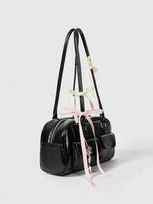 ROMWE Kawaii Sac à bandoulière/sous-bras rétro mignon pour femmes avec motif à carreaux, nœud papillon et décoration en forme de cœur de cerise. Sac Boston à plusieurs poches pour l'épaule