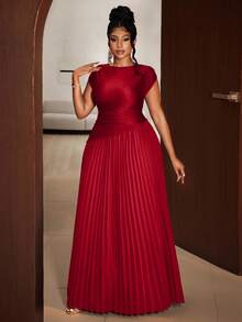 Maweii Mawei New Year Plus Size Elegant Solid Color Pleated Round Neck Sleeveless Dress - Burgundy - View 1