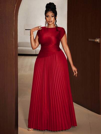 Maweii Mawei New Year Plus Size Elegant Solid Color Pleated Round Neck Sleeveless Dress