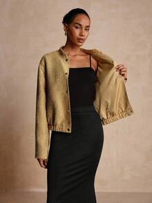 Lyxana 女式亮片装饰宽松长袖立领夹克 - 金色 - 查看 7