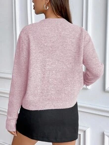 SHEIN 休闲风格纯色圆领针织长袖毛衣 - 粉色 - 查看 2