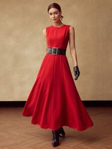 MOTF PREMIUM WOMEN'S WOOL PATCHWORK PU TRIM SLEEVELESS DRESS WITHOUT BELT, AUTUMN/WINTER - Red - View 6