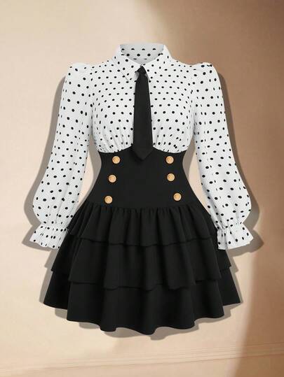 Sweetra Plus Size Women's Polka Dot Patchwork 2 In 1 Bow Collar Ruffle Hem Preppy Style Date Party Dress