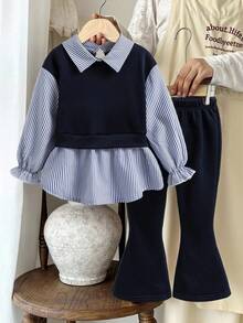 Sparklyn Young Girl Striped Patchwork Sweatshirt And Flare Pants Set - Navy Blue - View 1